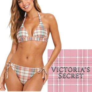 Victoria’s Secret Swim pastel plaid halter bikini set pink aqua white Size Med